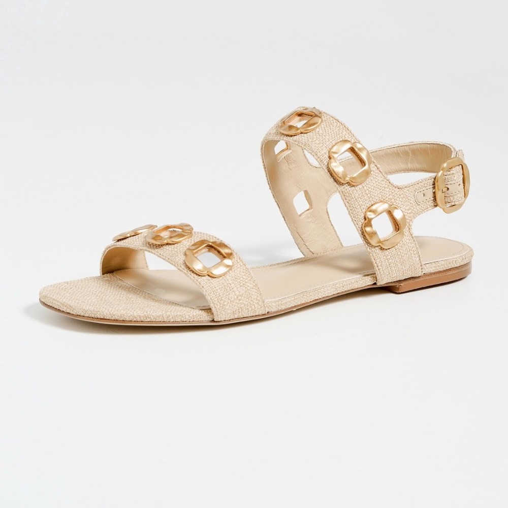 Larroudé Milan Flat Sandal in Beige Raffia